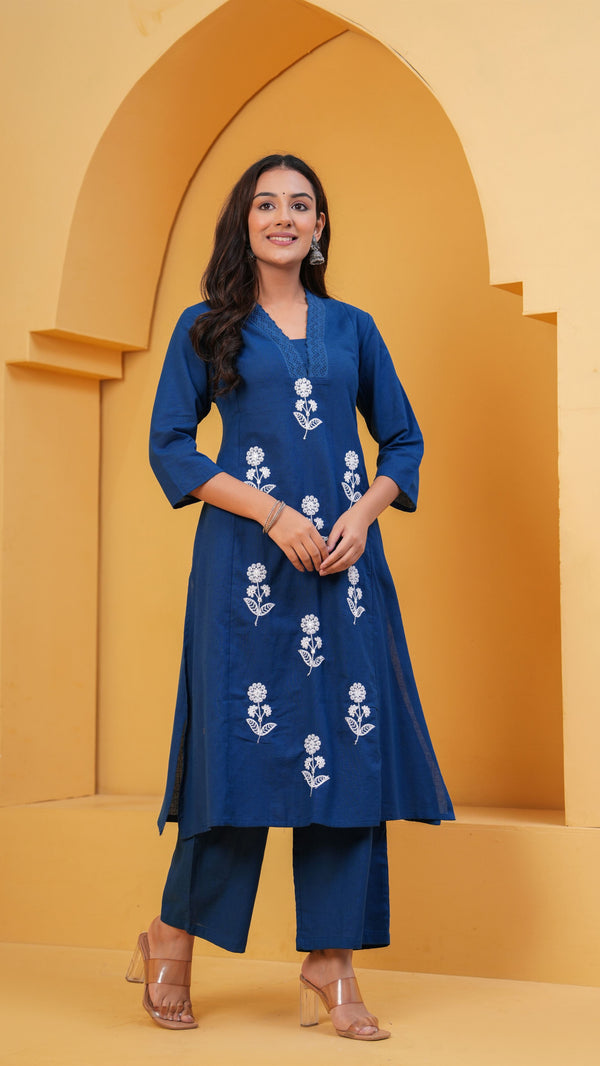 Women Navy Blue Cotton Kurta Set With White Floral Embroidery And Palazzo Pants
