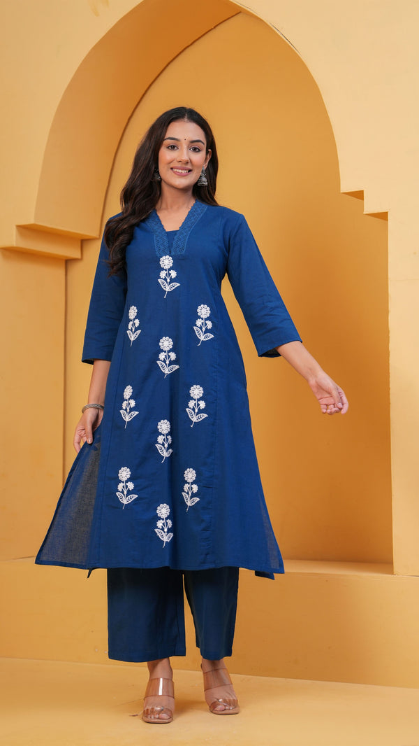 Women Navy Blue Cotton Kurta Set With White Floral Embroidery And Palazzo Pants