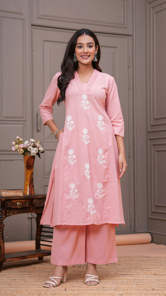 Women Salmon Pink Cotton Kurta Set With  White Floral Embroidery And Palazzo Pants