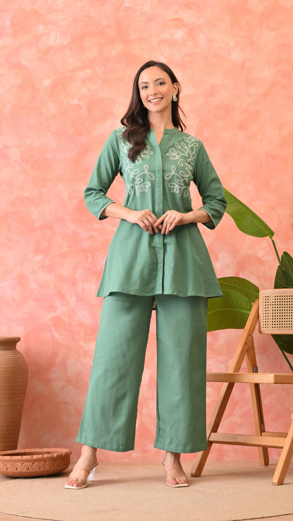 Trendy Green Cotton Embroidered Ethnic  Co-ord Set for Women by Marchlabel