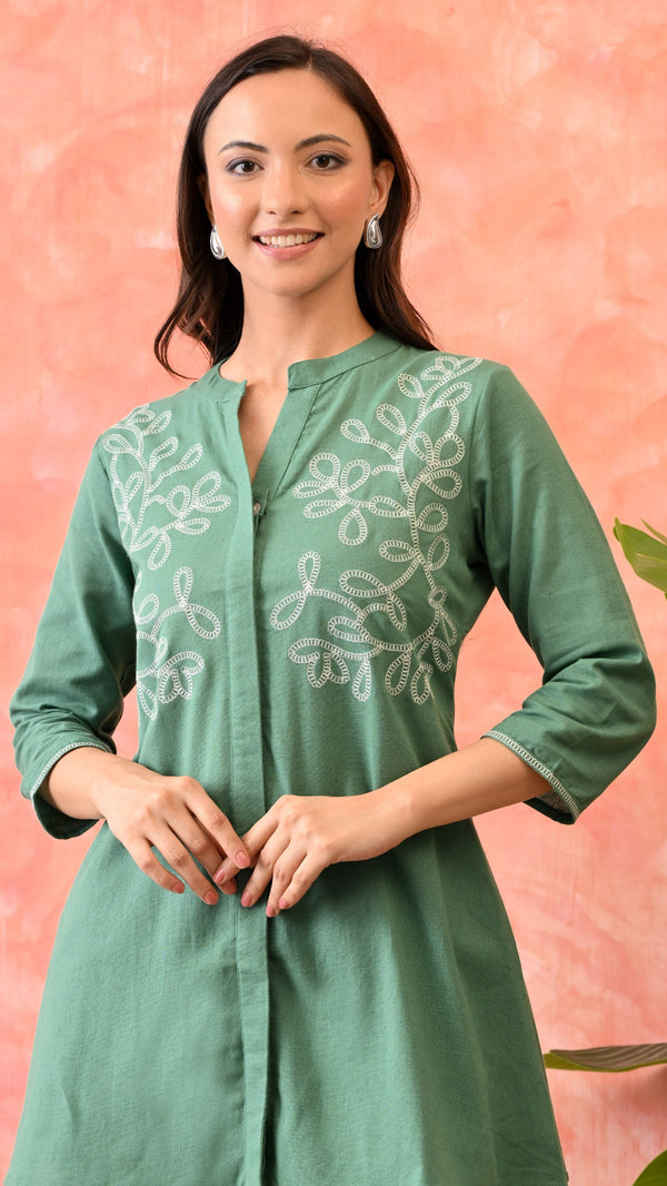 Trendy Green Cotton Embroidered Ethnic  Co-ord Set for Women by Marchlabel