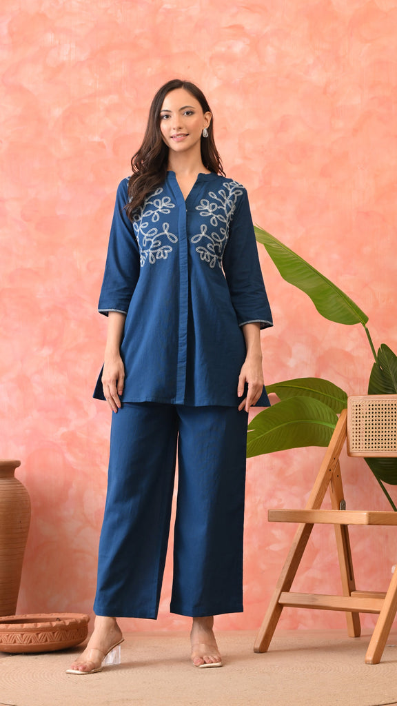 Marchlabel Royal Blue Floral  Embroidered Cotton Co-ord Set