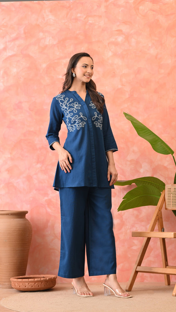 Marchlabel Royal Blue Floral  Embroidered Cotton Co-ord Set