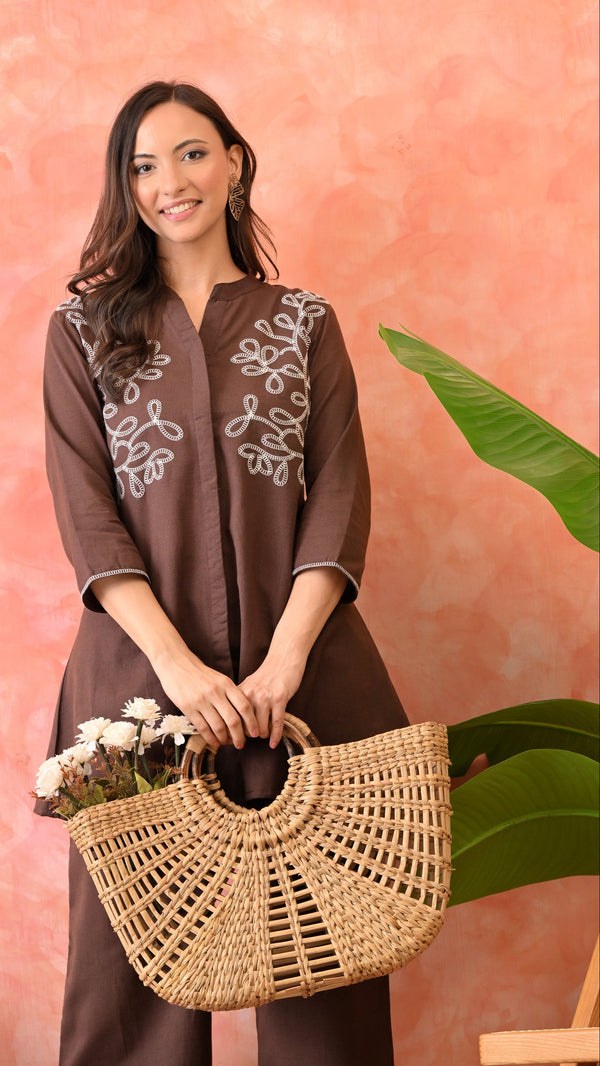 Women Brown Ethnic Embroidered  Cotton Kurta Co-ored Set