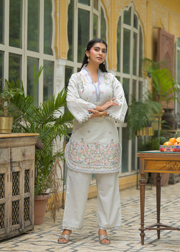 Women Off-White Floral Embroidered V-Neck Tunic with Trousers Co-ord Set