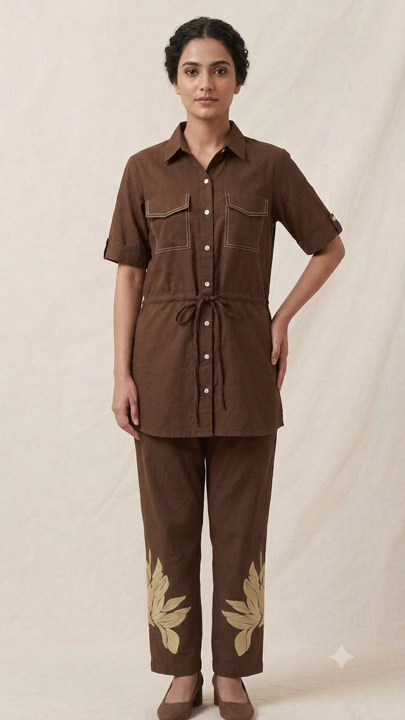 Brown cotton co-ord set with short-sleeve button shirt, patch pockets, leaf-print pants
