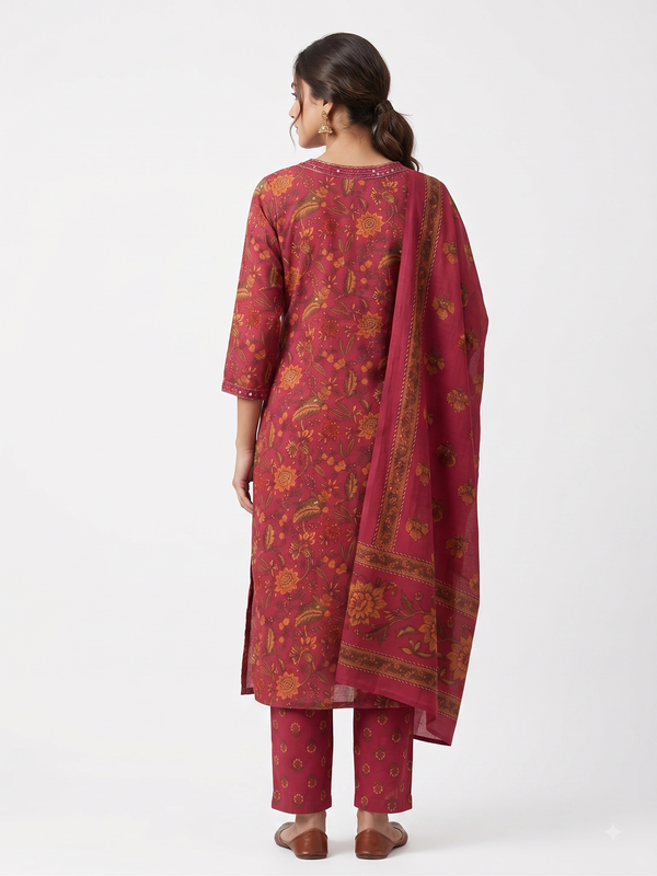 Magenta Floral Printed Pure Cotton V-Neck Straight Kurta Set
