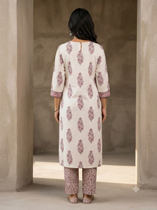White & Mauve Ethnic Motifs Printed Pure Kurta Set