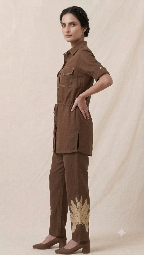Brown cotton co-ord set, collared button shirt with chest pockets and leaf-print straight pants