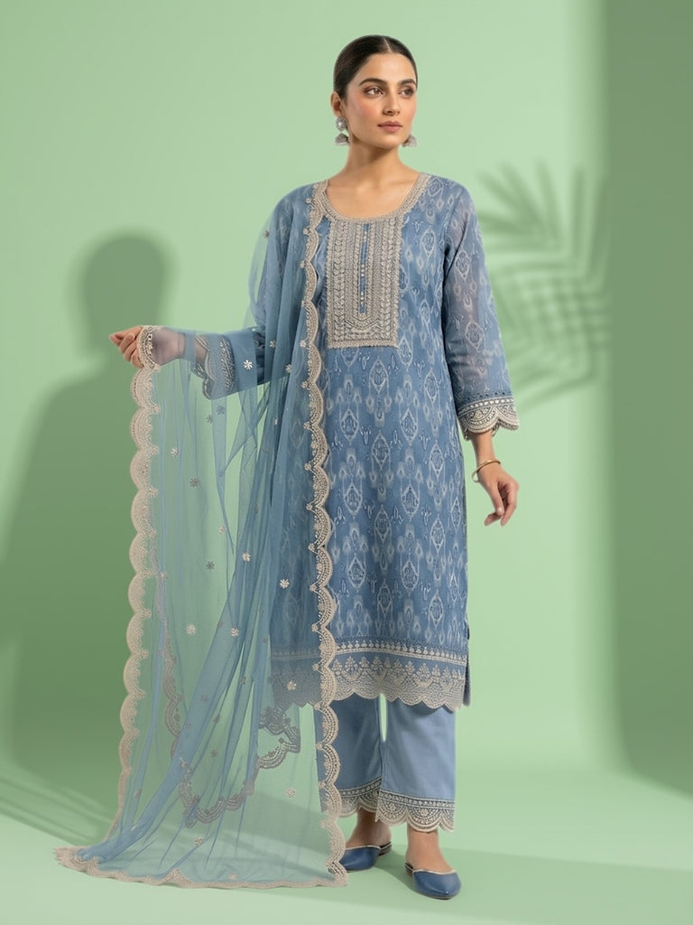 Blue printed 3-piece suit with ornate trim kurta, matching pants, sheer dupatta