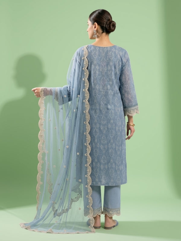 Blue printed 3-piece suit with embroidered kurta, matching pants, sheer dupatta