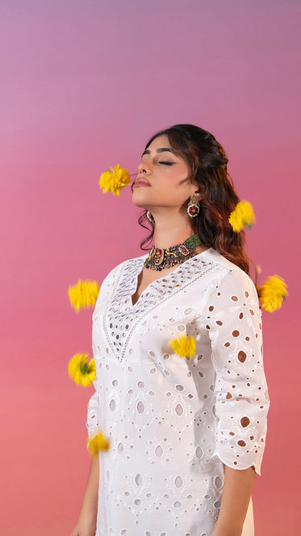 White Eyelet Embroidered  Cotton Co Ord Set