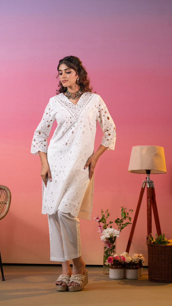 White Eyelet Embroidered  Cotton Co Ord Set