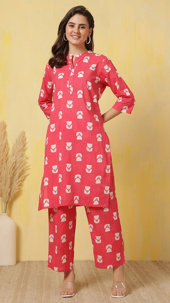 Red Indie Print Shirt Collar Cotton Co-ord Set
