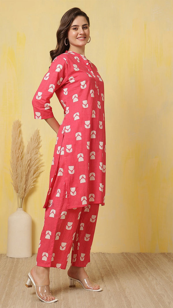 Red Indie Print Shirt Collar Cotton Co-ord Set