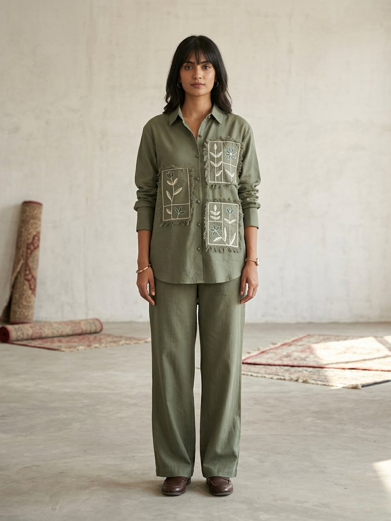 Olive green embroidered patchwork shirt tunic and matching wide-leg trousers set