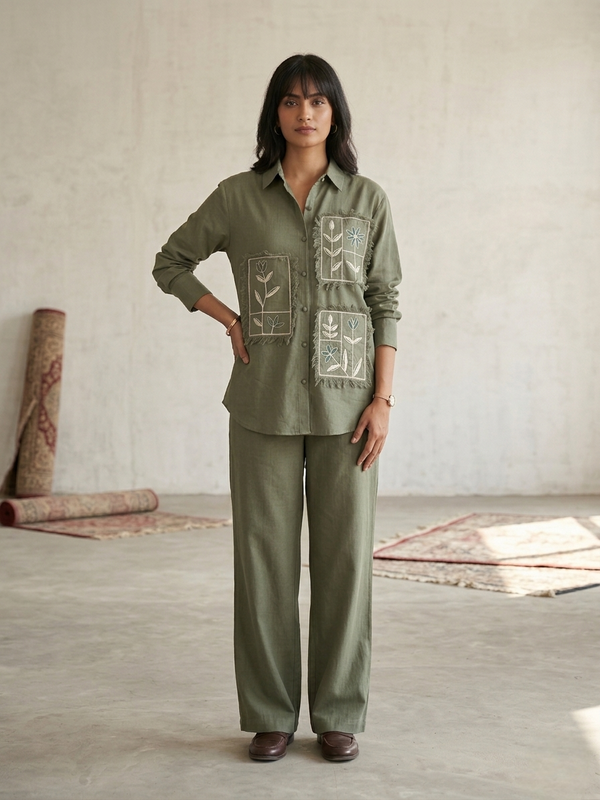 Olive green patchwork tunic shirt with floral embroidery and matching trousers set