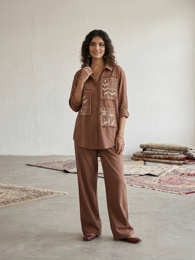 Brown Oversized Shirt and Wide Leg Pants Co-ord Set
