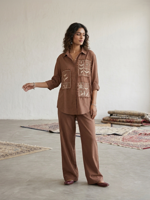 Brown Oversized Shirt and Wide Leg Pants Co-ord Set