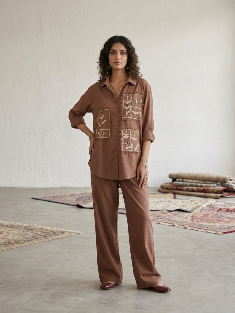 Brown co-ord set: oversized embroidered button shirt and wide-leg trousers