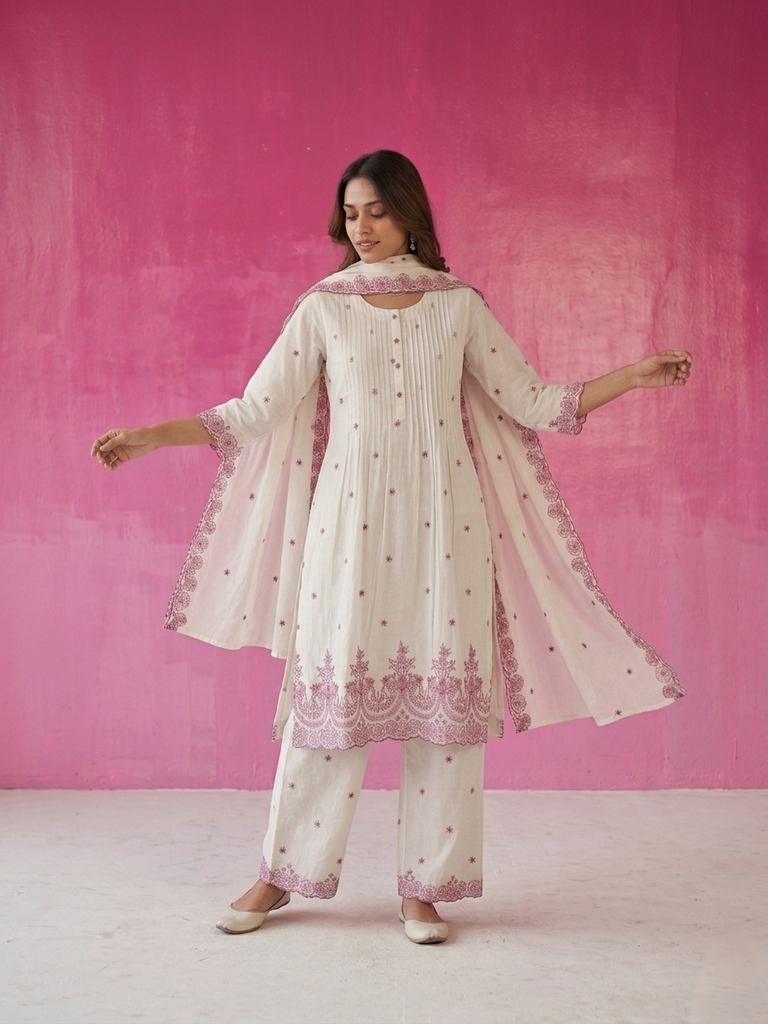 Off-white embroidered kurta set with flared sleeves and matching dupatta with lace border