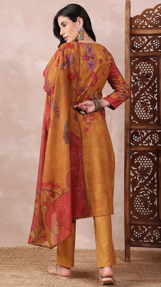 Women's 3-piece printed kurta set with mustard tunic, pants, and maroon dupatta drape