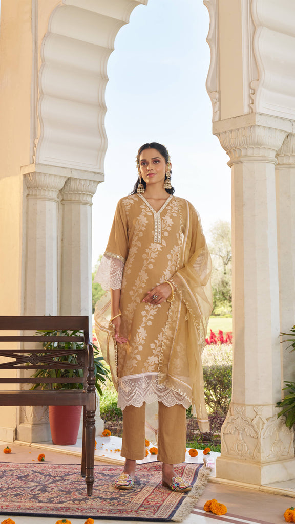 Golden Dhakai 3pc With Lace Datailiy and Mirror Work