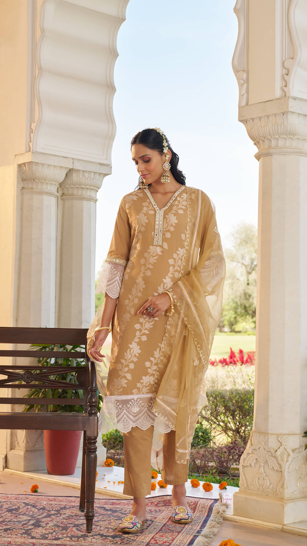 Golden Dhakai 2pc With Lace Datailiy and Mirror Work (Without Dupatta)