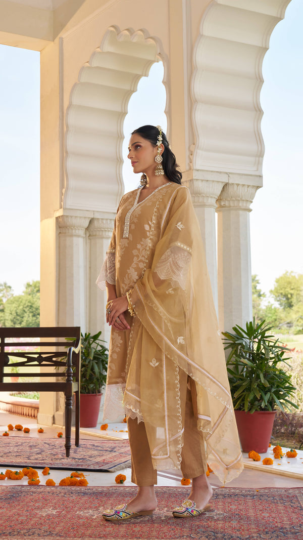 Golden Dhakai 3pc With Lace Datailiy and Mirror Work