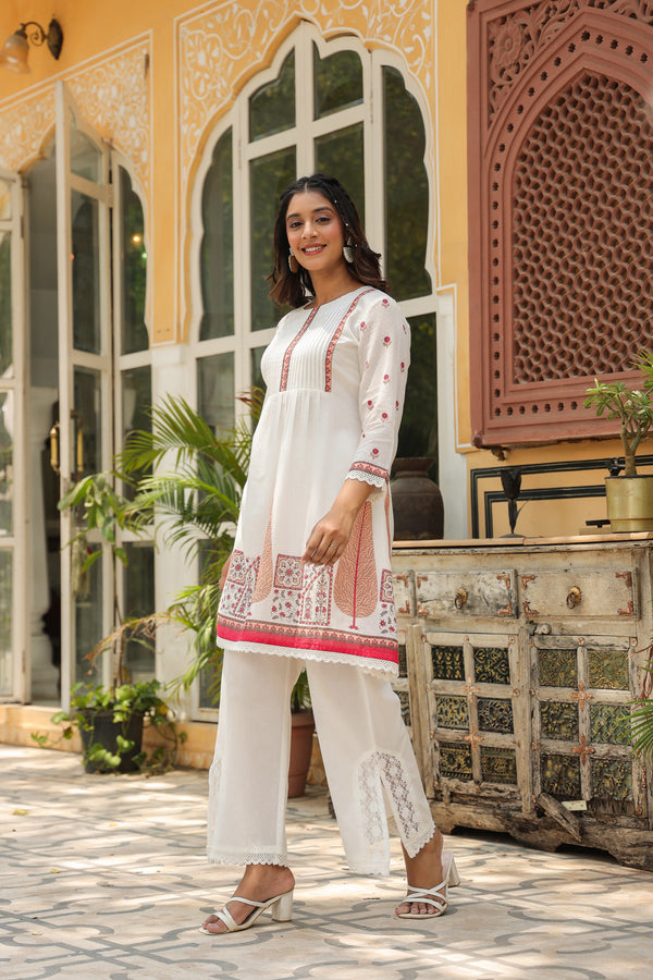 Women Off-White Cotton Short Anarkali Kurta and Trousers Co-ord Set