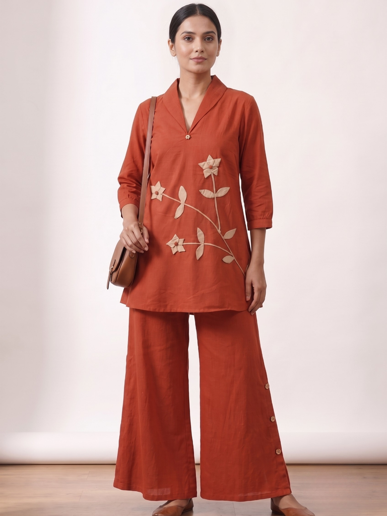 Women Orange Floral Applique Fusion Shawl Neck Co-ord Set