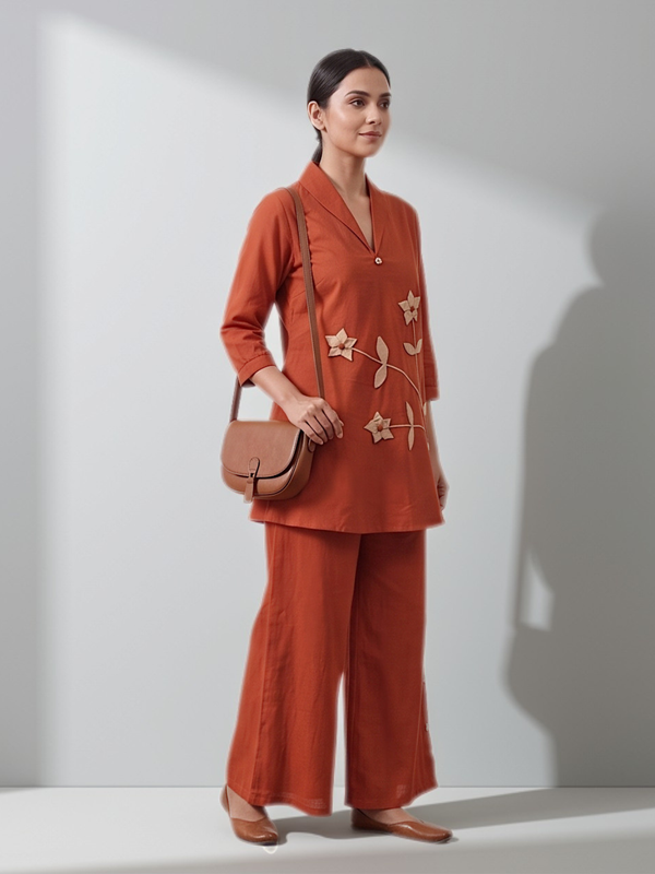 Women Orange Floral Applique Fusion Shawl Neck Co-ord Set