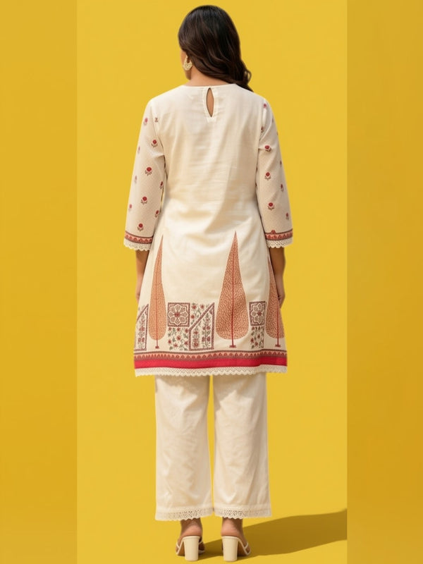 Women Off-White Cotton Short Anarkali Kurta and Trousers Co-ord Set