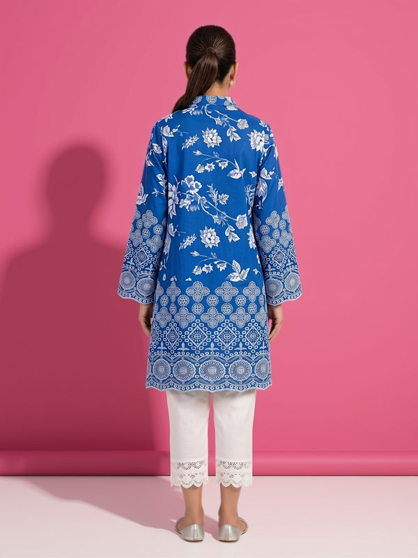 Back view of dark blue kurta with white floral embroidery and straight silhouette; with pants.
