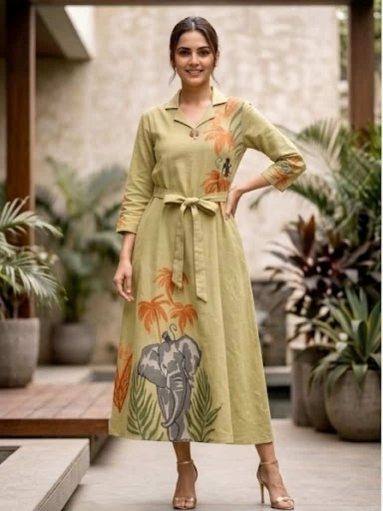 Olive collared tunic dress with long sleeves and waist tie, jungle motif with elephant