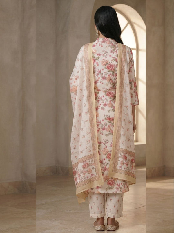 Women’s off-white floral straight kurta, gold-trim back, with matching trousers