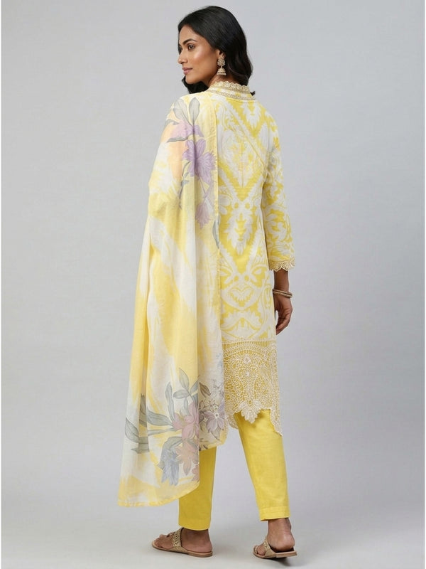 Women Yellow Cutwork Lace Hem Cotton Printed Co-ord Set
