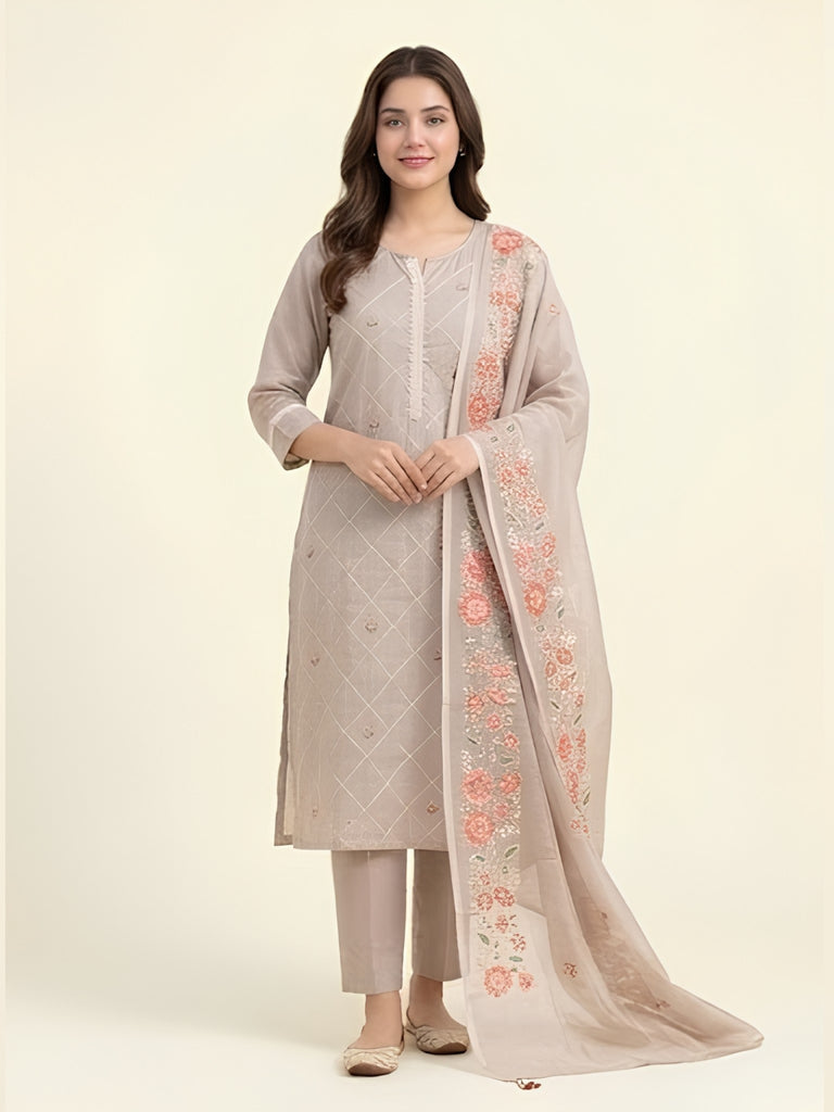 Beige cotton kurta and dupatta suit set with embroidered floral border, full front