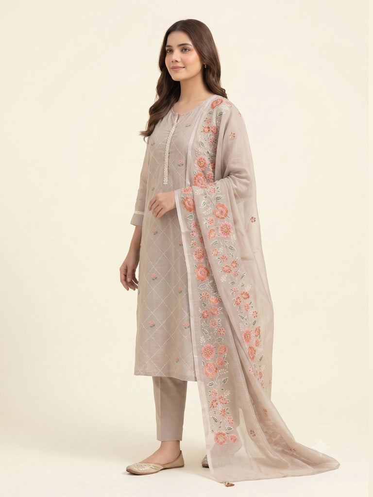 Women’s beige cotton kurta with floral embroidered border and sheer dupatta, angled front