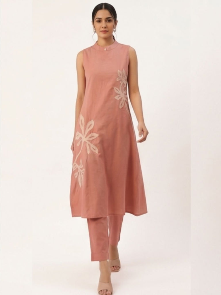Women Rust Brown Sleeveless Round Neck CO-ORD with Contrast Leaf Cutwork Motifs