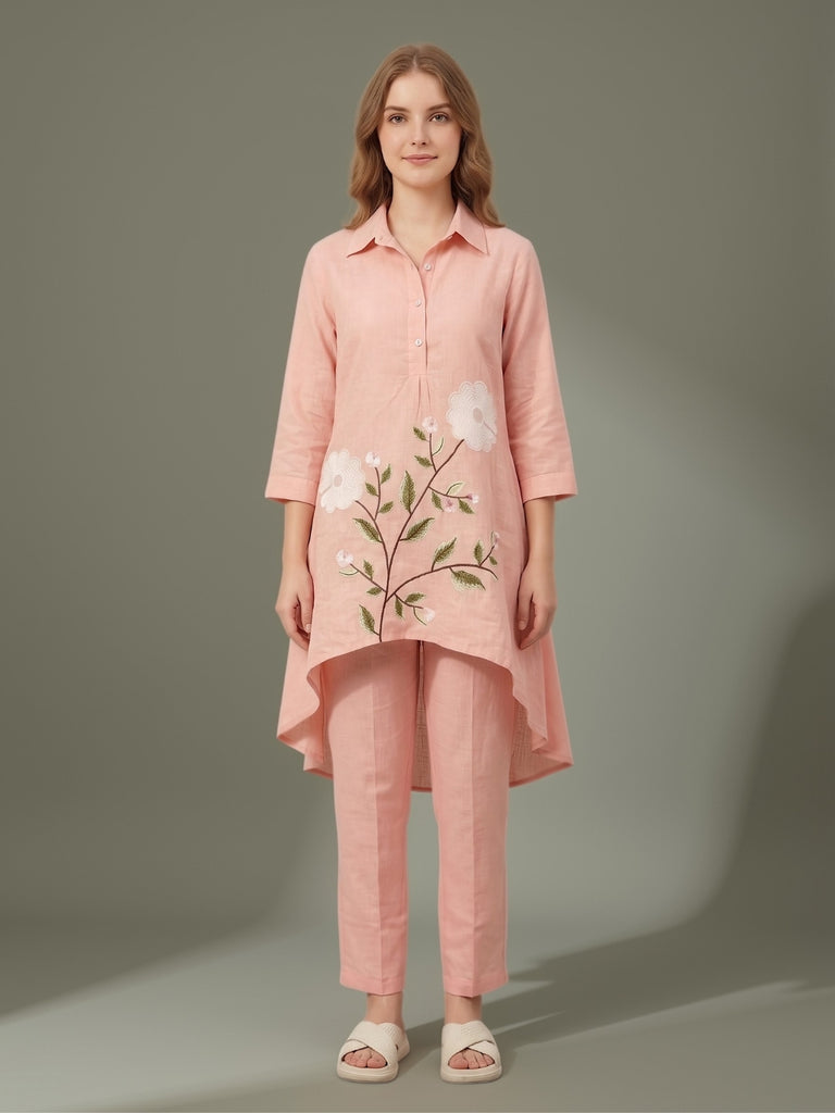 Women’s blush pink asymmetric kurta set with floral print and matching pants