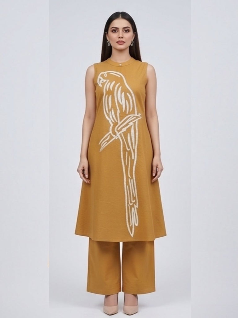 Mustard sleeveless A-line kurta set with white parrot applique and matching cropped pants