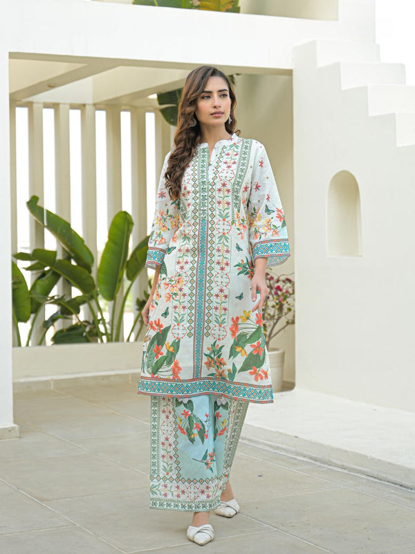 Women White and Light Blue Floral Printed Cotton Kurta and Palazzo Set