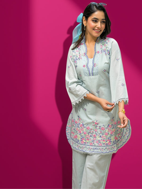 Women Off-White Floral Embroidered V-Neck Tunic with Trousers Co-ord Set