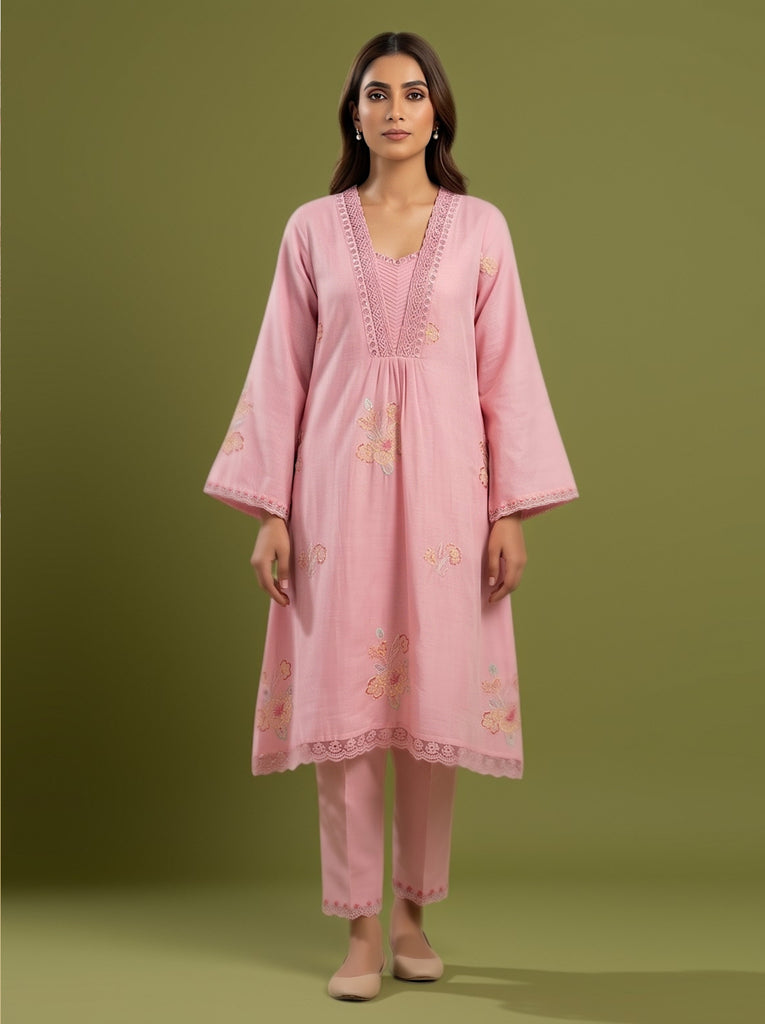 Baby pink embroidered A-line tunic with lace trim; matching pants, set