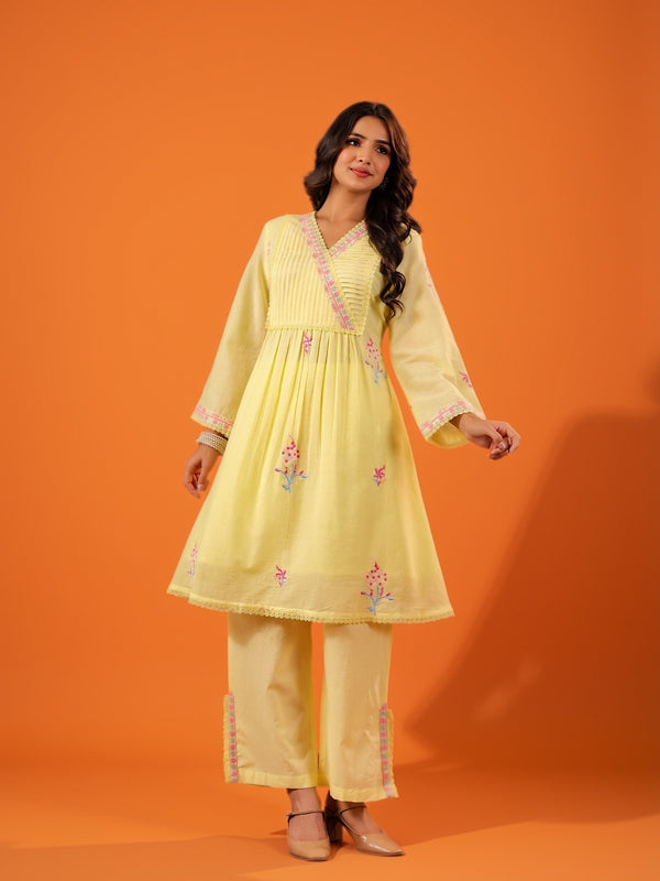 Women Lemon Yellow Embroidered Cotton Angrakha Kurta with Trousers