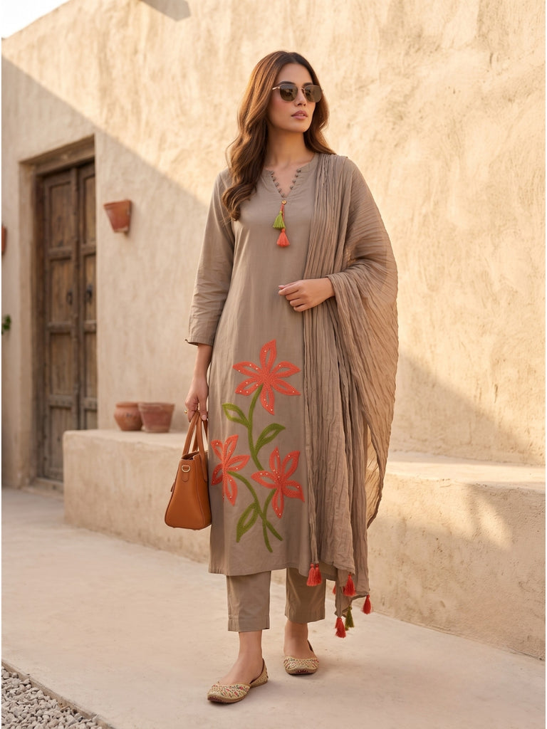 Taupe women’s cotton kurta with floral embroidery and draped dupatta, tassel detail