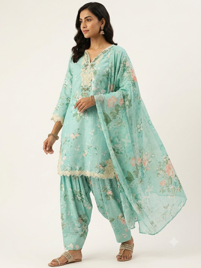 Women’s sea-green floral kurta set with V-neck, lace trim, trousers and matching dupatta