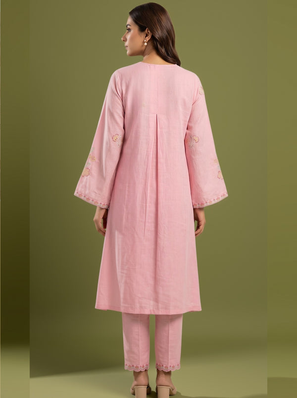 Baby pink A-line tunic with embroidered motifs and lace-trim cuffs; matching pants