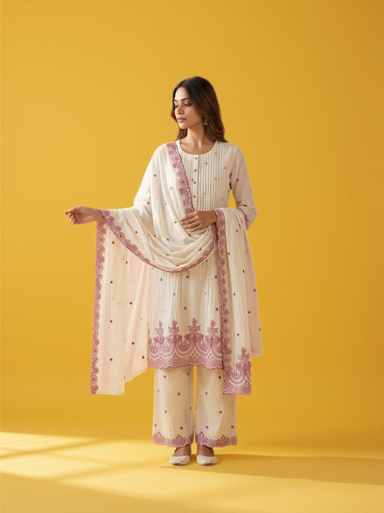 Off-white anarkali kurta with pin-tuck stripes, pink hem embroidery, and draped dupatta